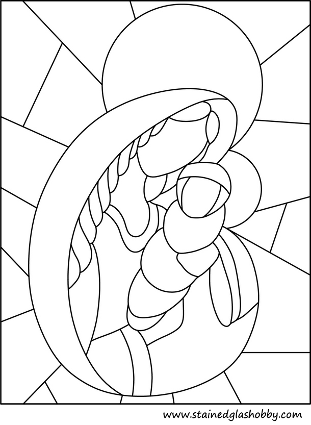 Stained glass outline of Holy Mary and Jesus